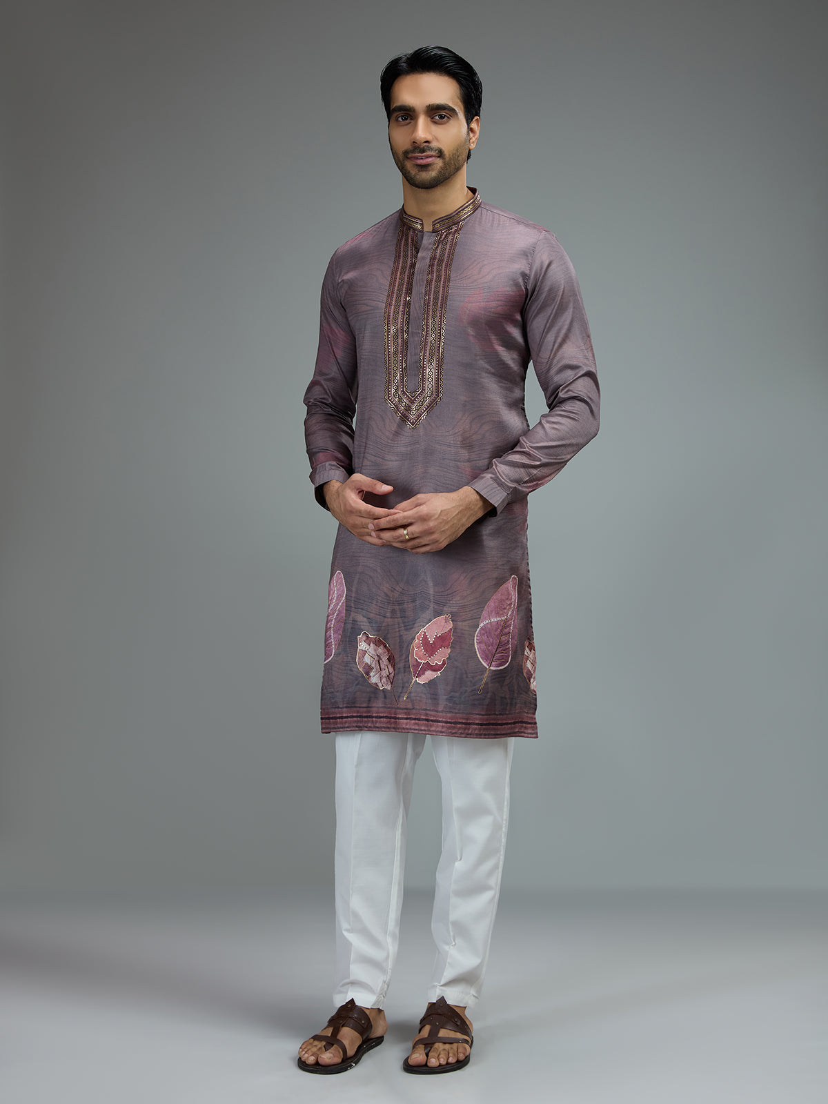 Purple printed gota embroidered kurta pajama for men
