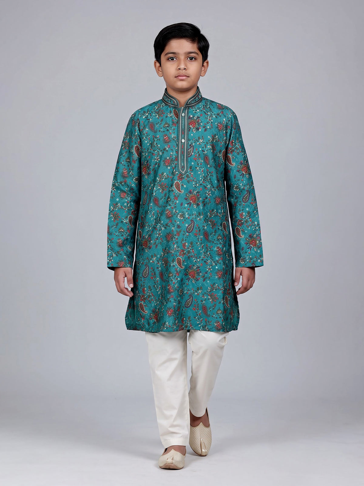 Teal green boys cotton kurta suit with floral printed