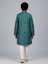 Teal green boys cotton kurta suit with floral printed