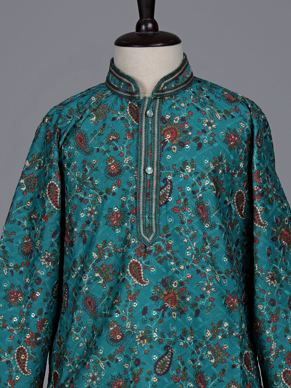 Teal green boys cotton kurta suit with floral printed