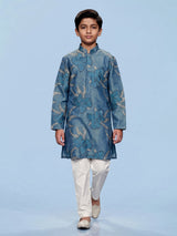 Stone blue boys silk kurta suit with floral thread detailing
