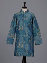 Stone blue boys silk kurta suit with floral thread detailing
