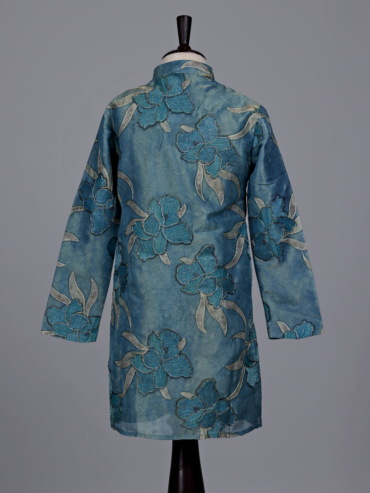 Stone blue boys silk kurta suit with floral thread detailing