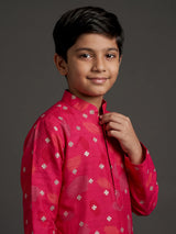 Hot pink boys raw silk kurta suit with elegant printed detailing