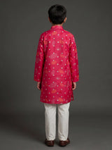 Hot pink boys raw silk kurta suit with elegant printed detailing