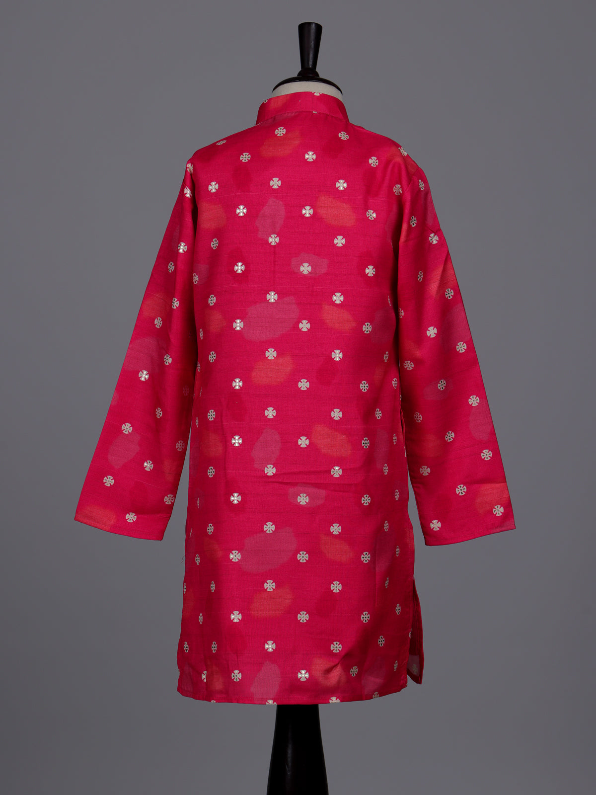 Hot pink boys raw silk kurta suit with elegant printed detailing