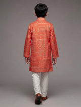 Orange boys raw silk kurta suit with traditional bandhani print