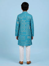 Aqua blue boys raw silk kurta suit with bandhani print