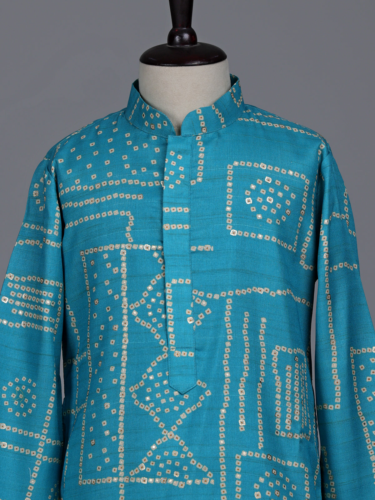 Aqua blue boys raw silk kurta suit with bandhani print
