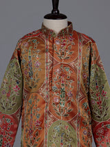 Multicolor boys Tussar silk kurta suit with thread work and sequins