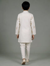 Cream boys cotton linen kurta suit with thread and cutdana