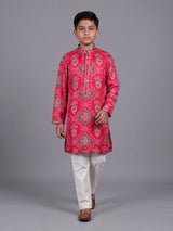 Rani pink boys Patola kurta suit with traditional printed design