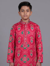 Rani pink boys Patola kurta suit with traditional printed design