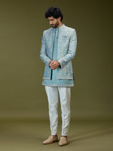 Firozi blue luxury art silk men indo western