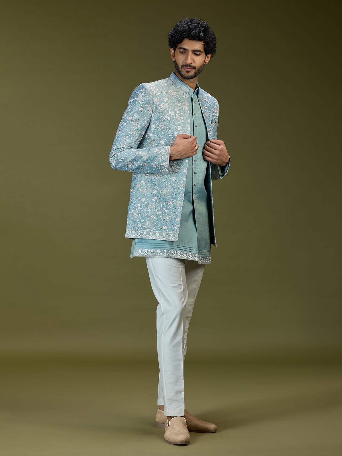 Firozi blue luxury art silk men indo western