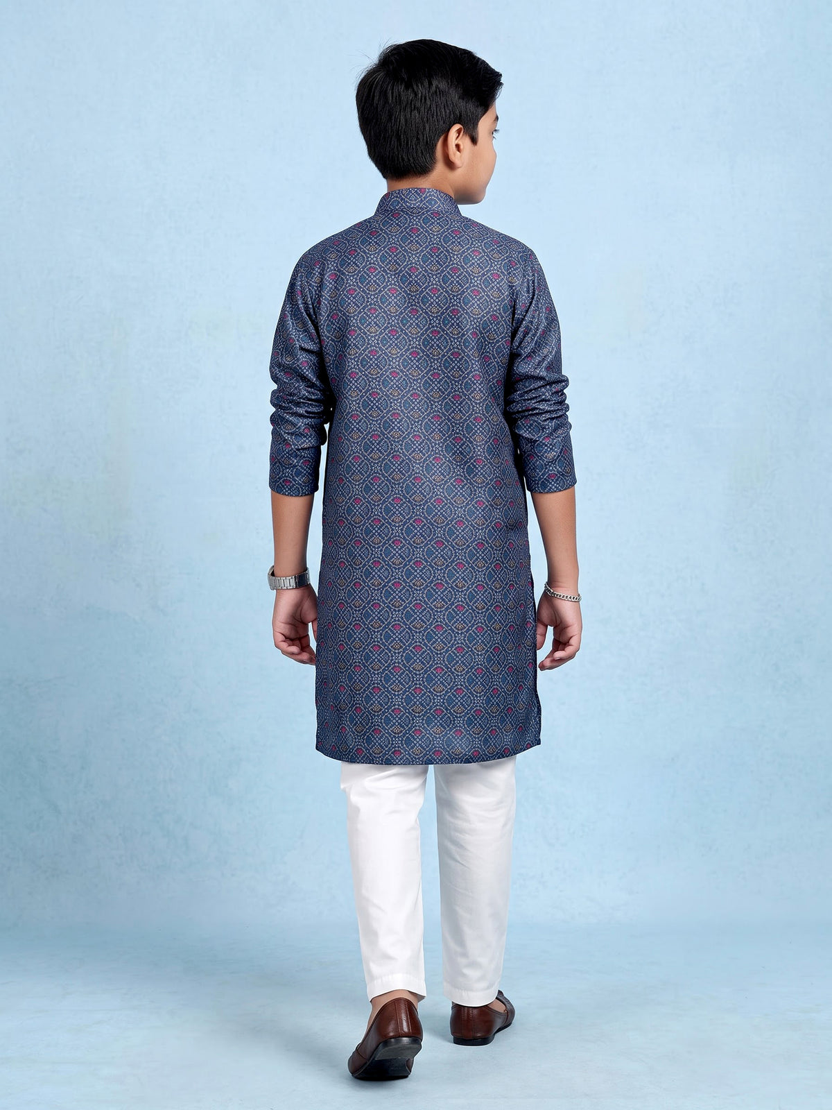 Navy boys cotton silk kurta suit with stylish printed pattern