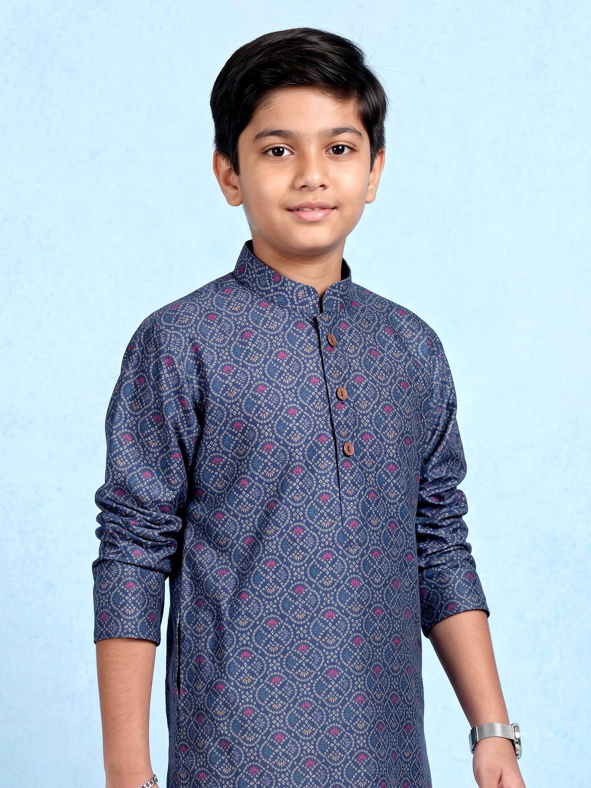 Navy boys cotton silk kurta suit with stylish printed pattern