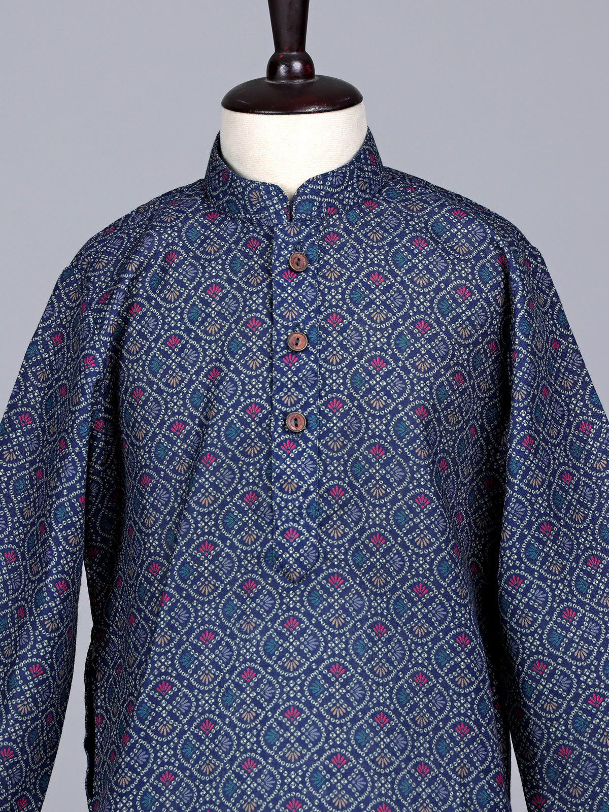 Navy boys cotton silk kurta suit with stylish printed pattern