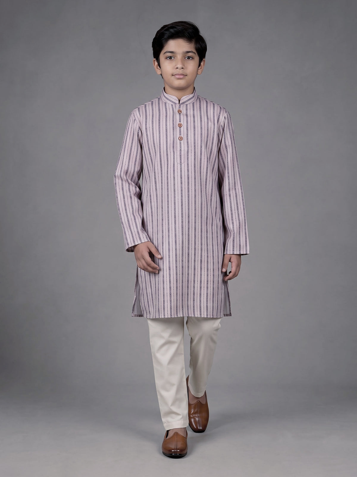 Fawn beige boys cotton blend kurta suit with stripe weaving