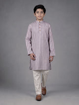 Fawn beige boys cotton blend kurta suit with stripe weaving