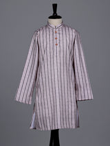 Fawn beige boys cotton blend kurta suit with stripe weaving