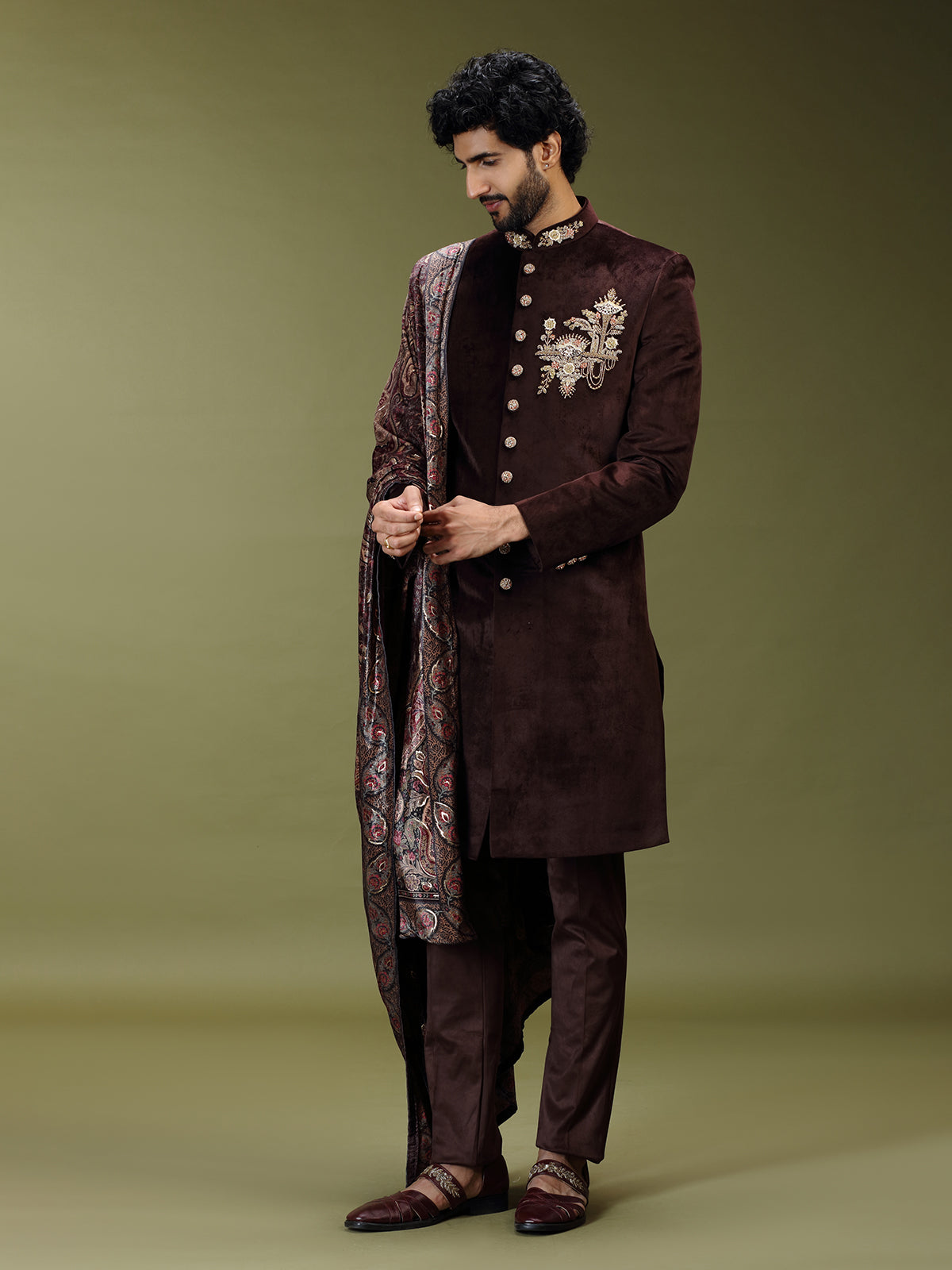 Pastel brown regal velvet silk men indo western with dupatta