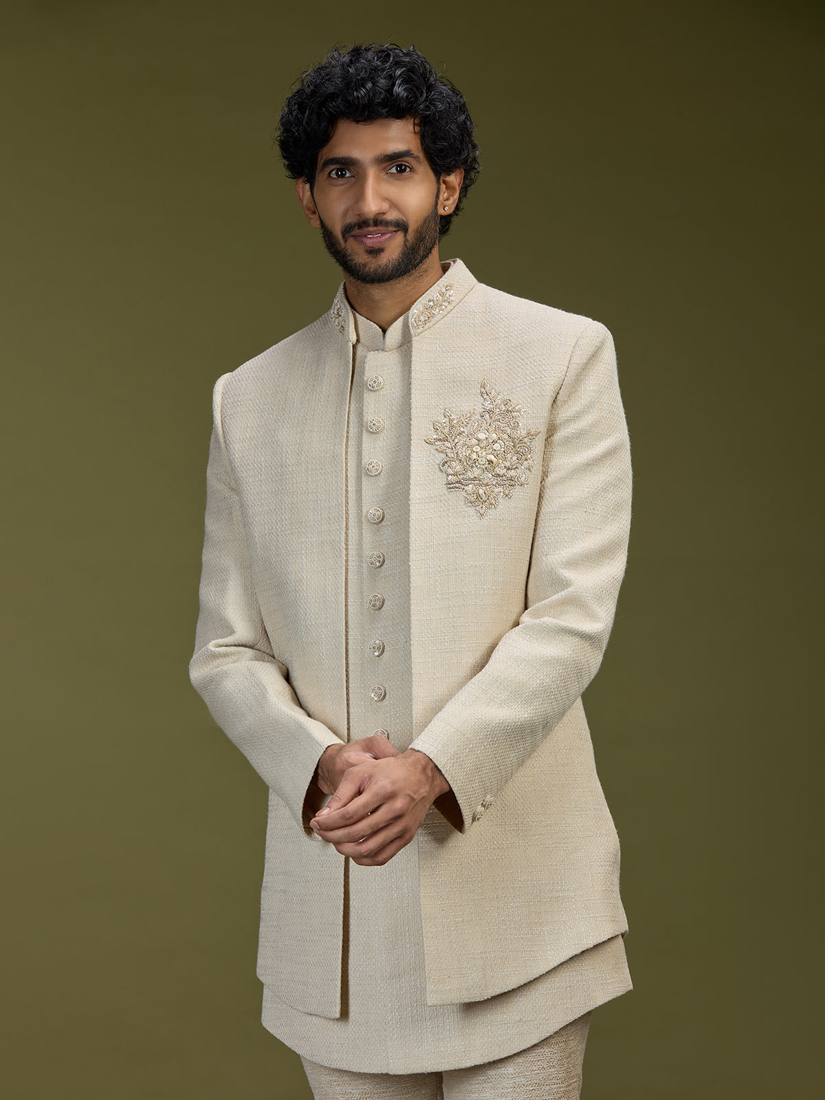 Cream luxurious jute men designer jacket indo western