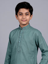 Green boys cotton linen kurta suit with refined solid pattern