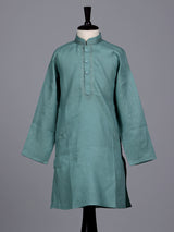 Green boys cotton linen kurta suit with refined solid pattern