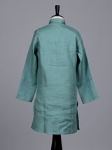 Green boys cotton linen kurta suit with refined solid pattern