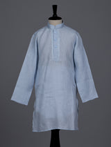 Mint blue boys cotton linen kurta suit with solid pattern