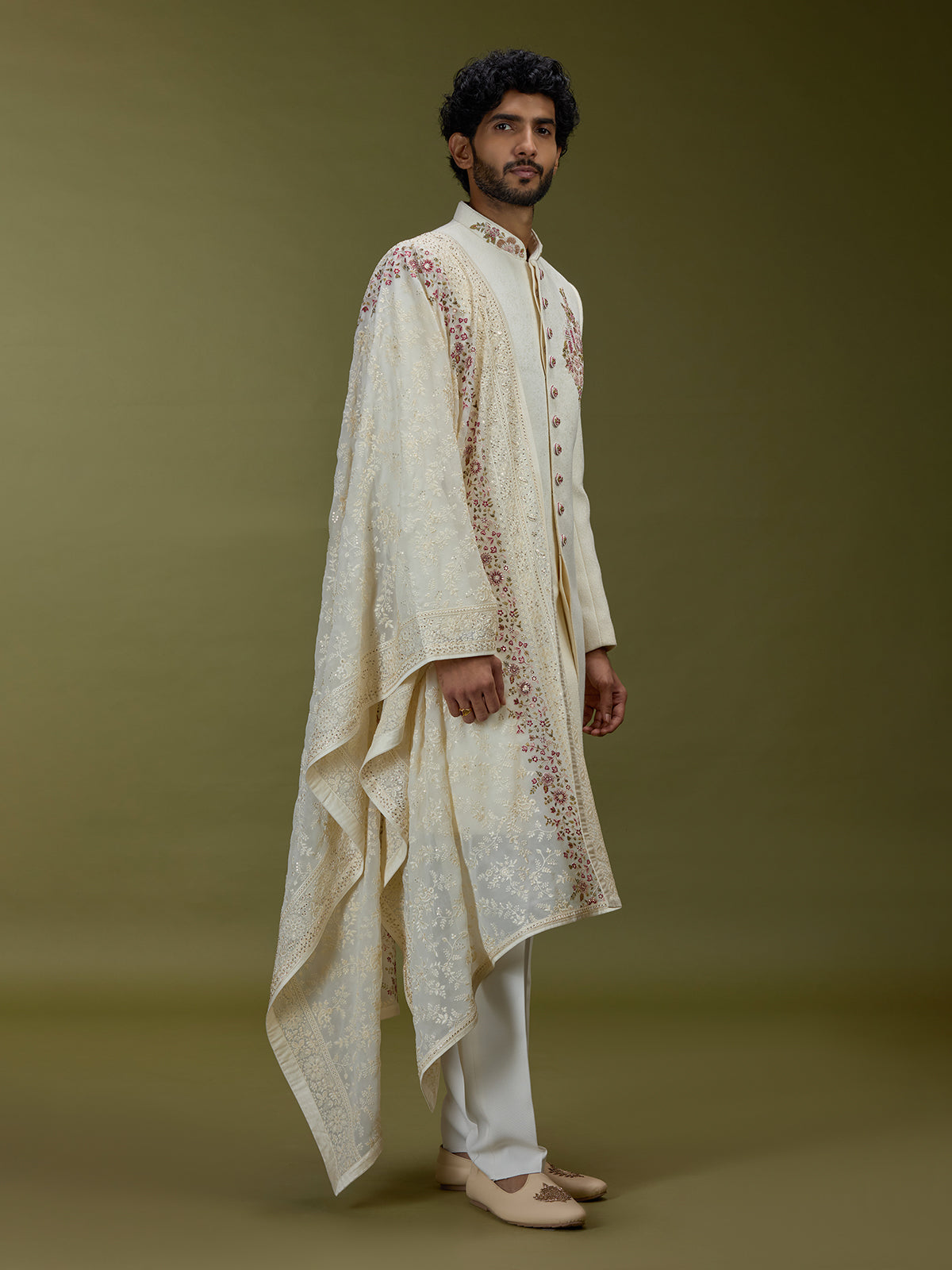 Off white elegant cotton silk men indo western with dupatta