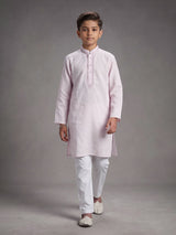 Light pink boys cotton linen kurta suit with solid pattern