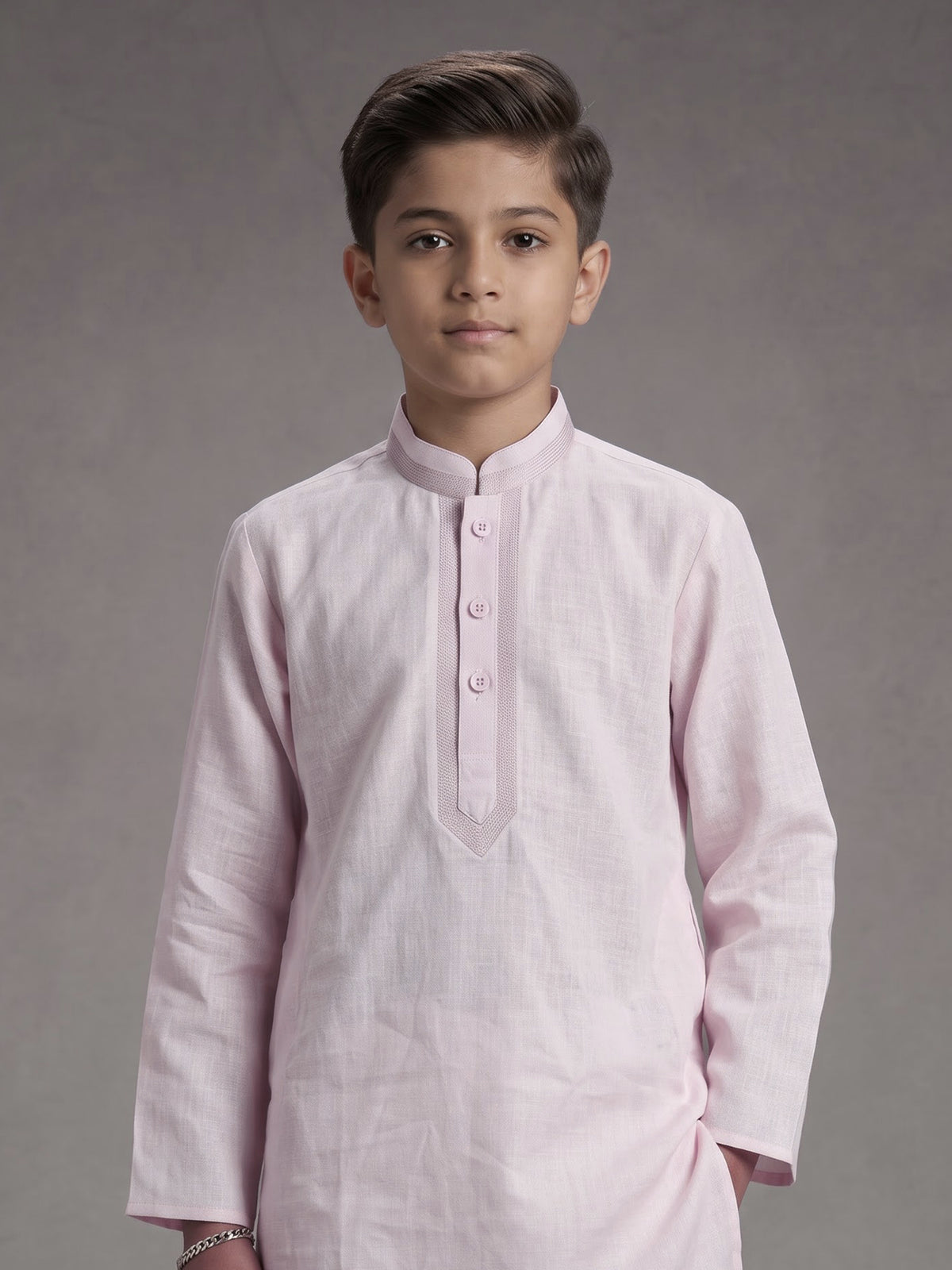 Light pink boys cotton linen kurta suit with solid pattern