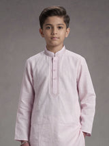 Light pink boys cotton linen kurta suit with solid pattern