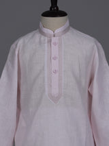 Light pink boys cotton linen kurta suit with solid pattern