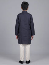 Navy blue boys cotton linen kurta suit with solid pattern