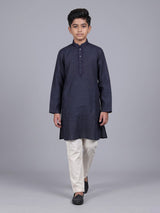 Navy blue boys cotton linen kurta suit with solid pattern