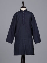 Navy blue boys cotton linen kurta suit with solid pattern
