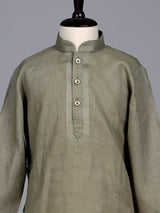 Mehendi green boys cotton linen kurta suit with solid pattern