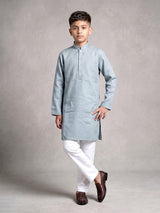 Mint green boys cotton linen kurta suit with solid pattern