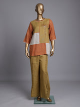 Khaki linen women co ord set with thread detailing and palazzo