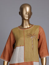 Khaki linen women co ord set with thread detailing and palazzo