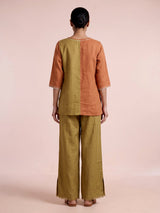 Khaki linen women co ord set with thread detailing and palazzo