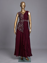 Wine chiffon designer gown with sequins work