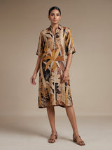 Brown linen printed western kurti with collar neck and elbow sleeves