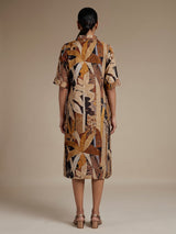Brown linen printed western kurti with collar neck and elbow sleeves