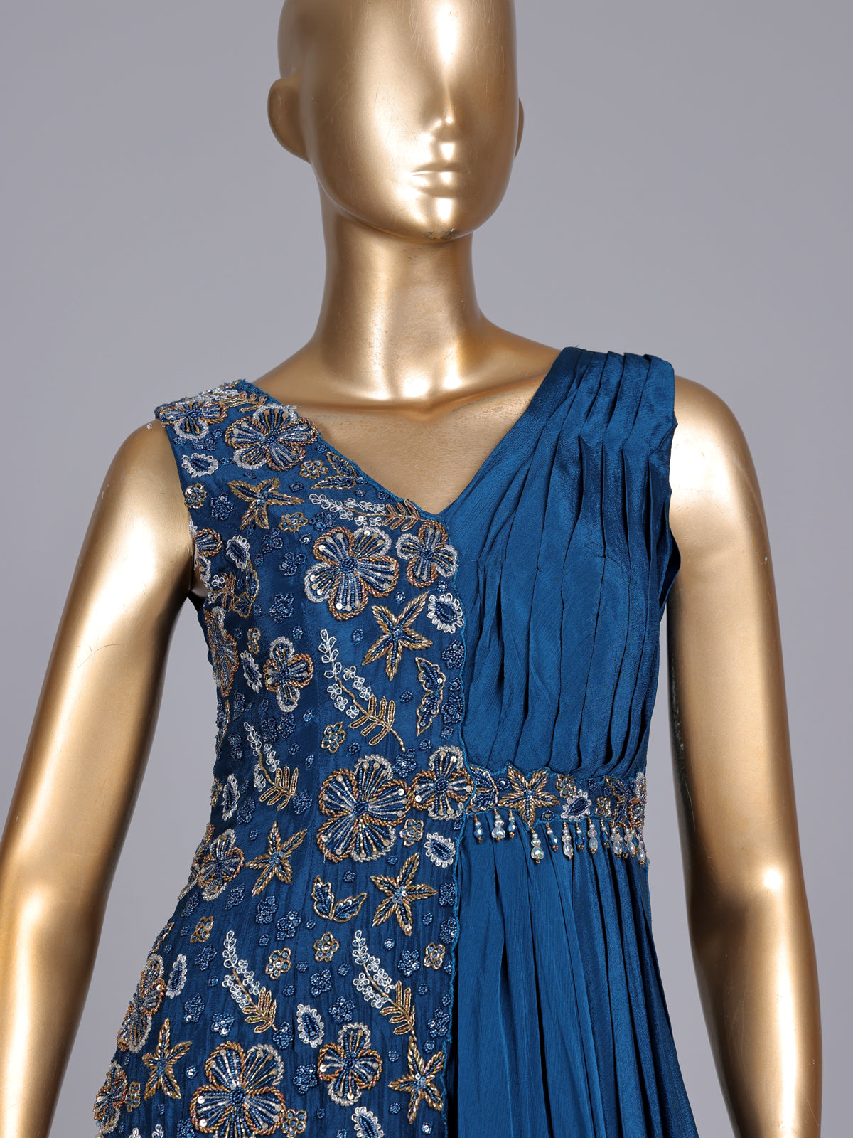 Blue chiffon silk designer gown with cutdana and zardosi work