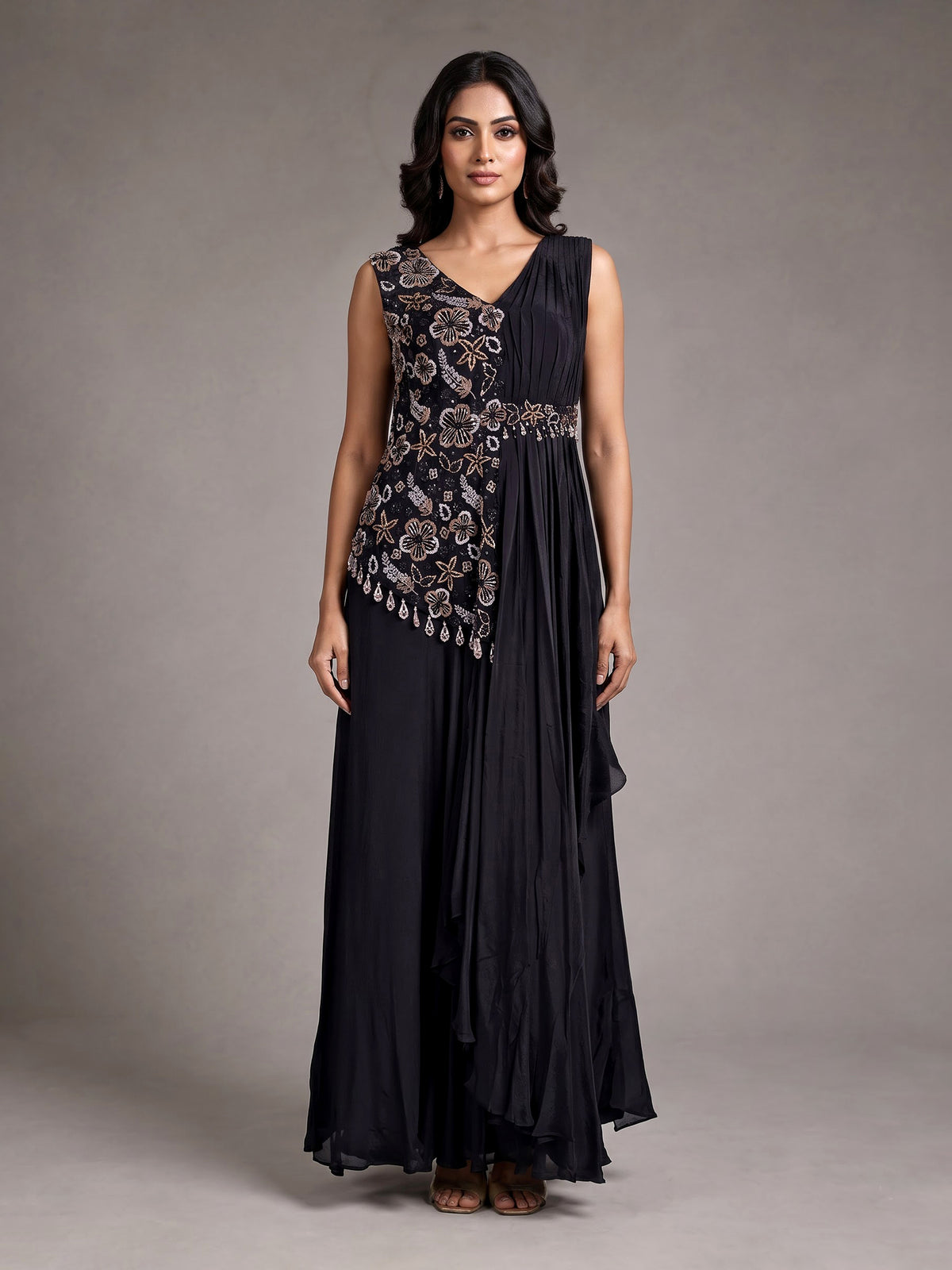 Black chiffon silk designer gown with zardosi and tassel detailing