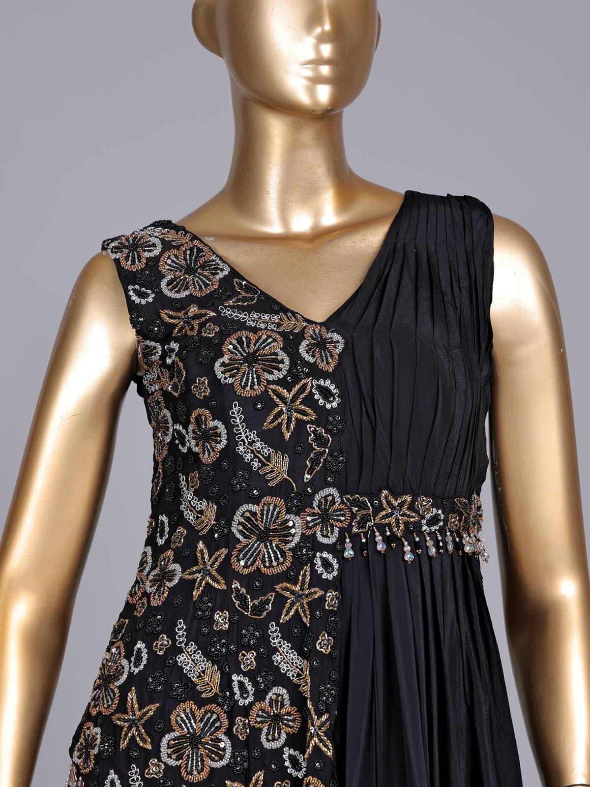 Black chiffon silk designer gown with zardosi and tassel detailing